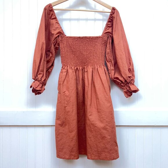 Kourt Portia Rust Smocked Mini Dress Puff Sleeve Square Neck Linen Blend Size S - Picture 2 of 11